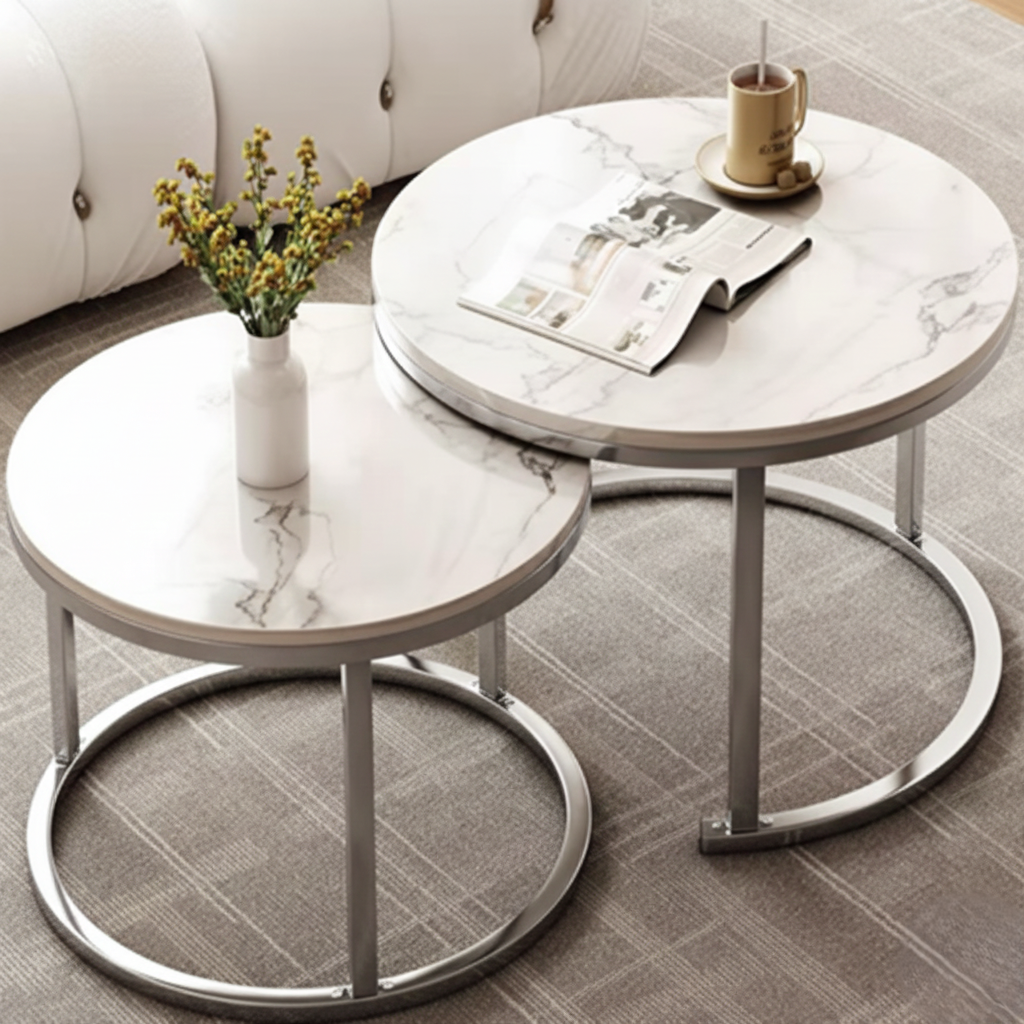 Luxury Round Nesting Coffee Table Set – Marble Top with Stainless Steel Frame (Shiny Gold / Shiny Silver)