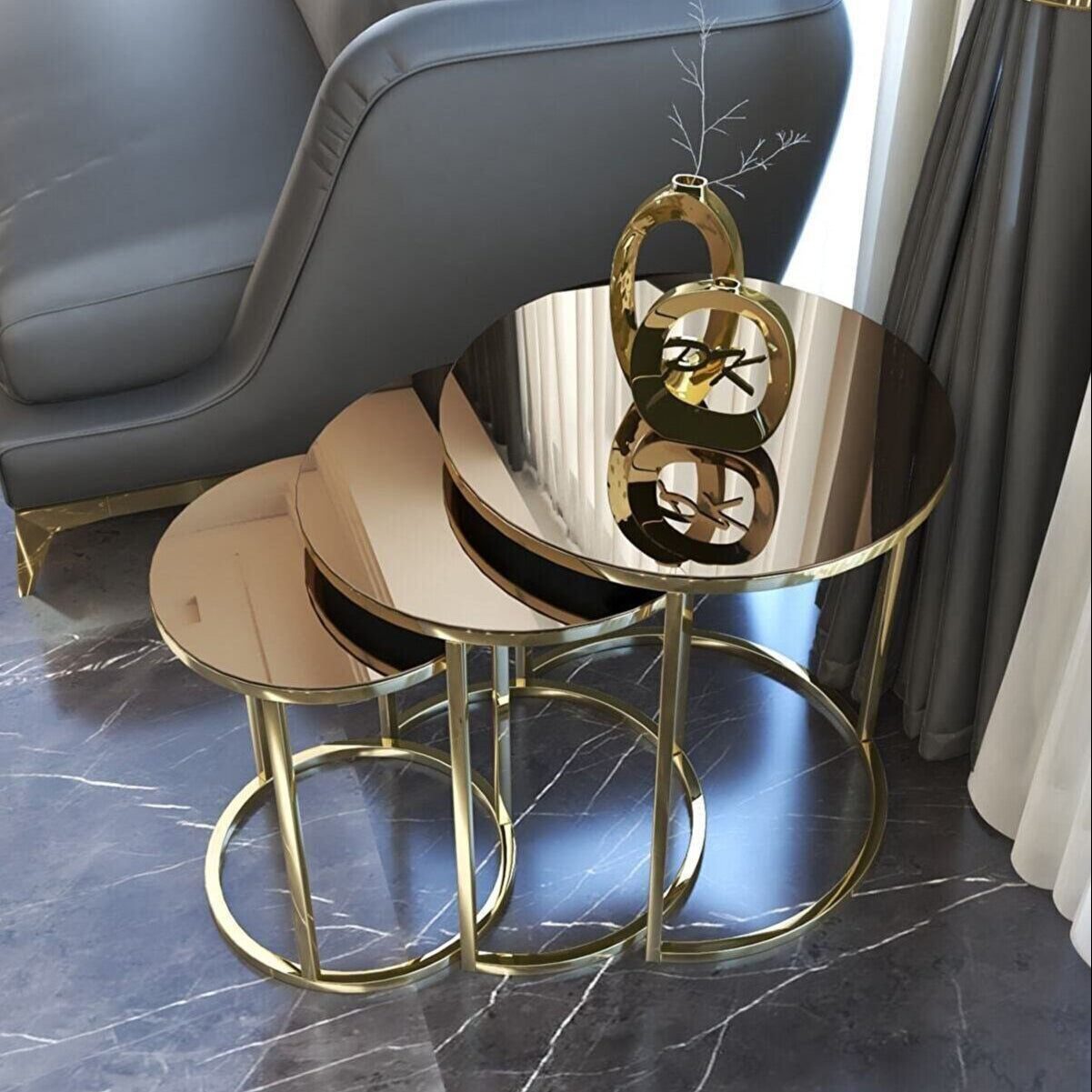 Aurora Trio Black Glass Nesting Table Set – Shiny Gold Finish