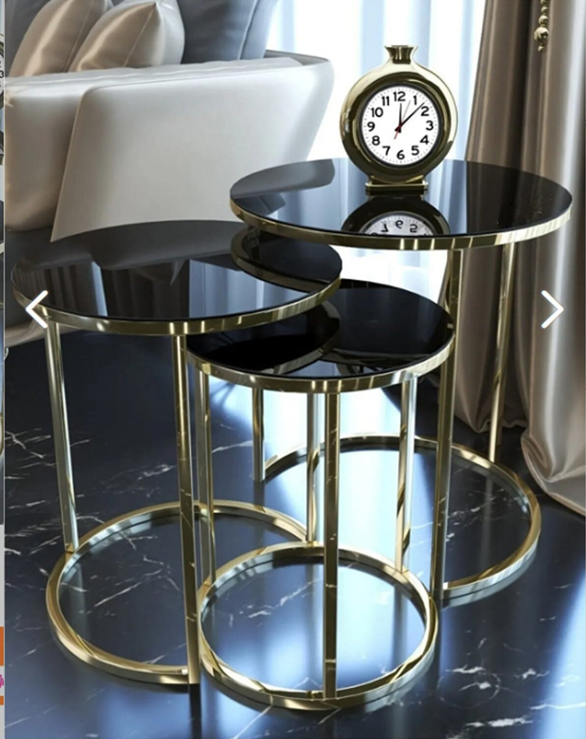 Aurora Trio Black Glass Nesting Table Set – Shiny Gold Finish