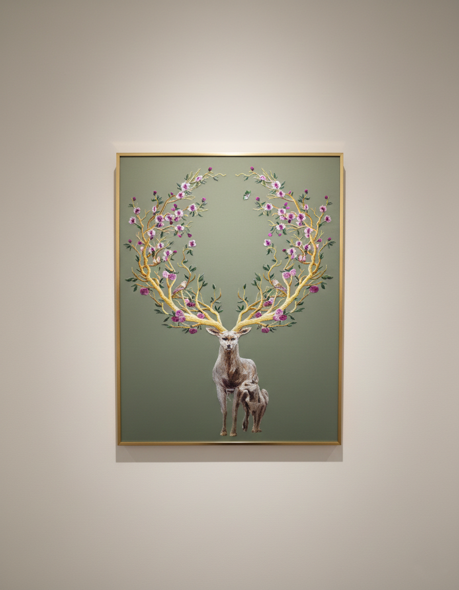 Deer Embroidery Wall Art – 80×120cm Lifelike Decorative Piece