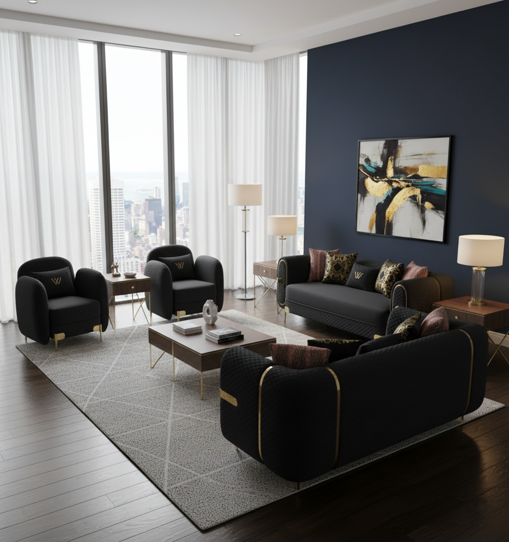 Aurora Velvet Sofa Black with Armchair Modern Luxury Seating Set