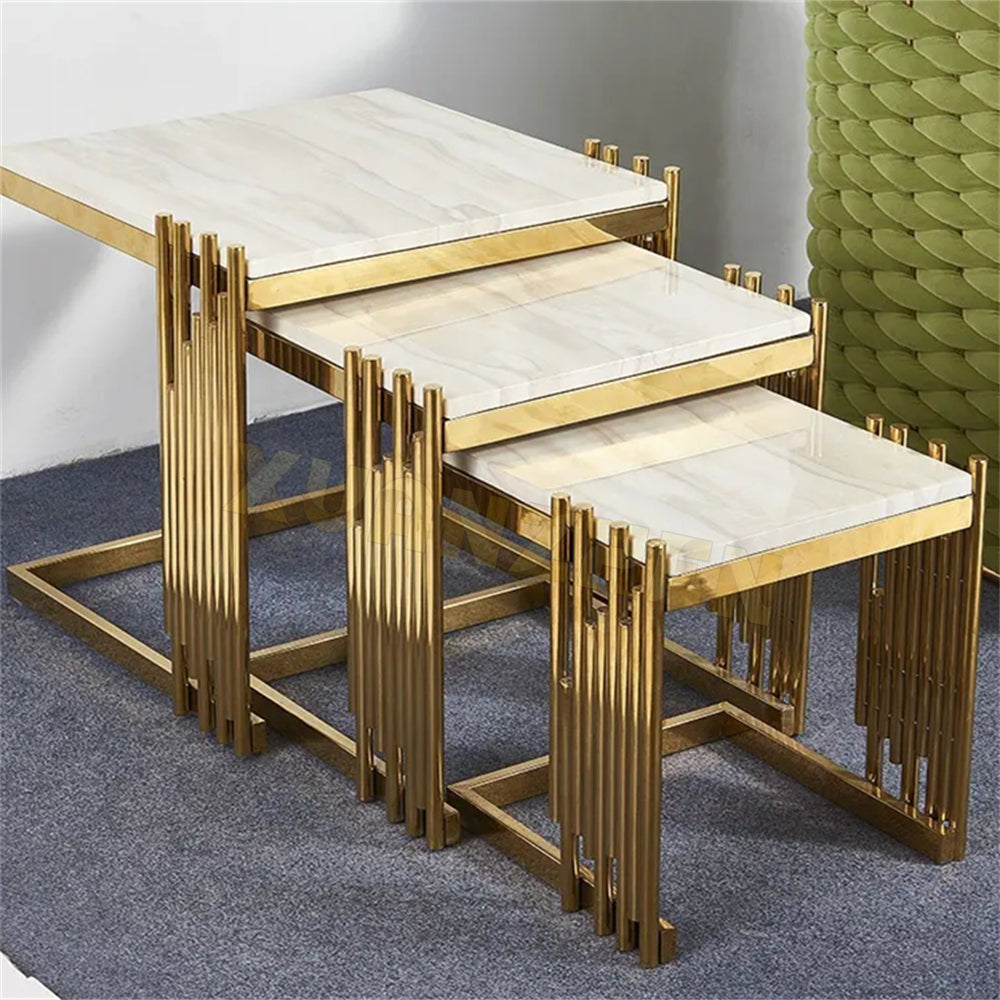 Luxury Nesting Side Table Set – Marble Top with Shiny Titanium Gold Stainless Steel Frame