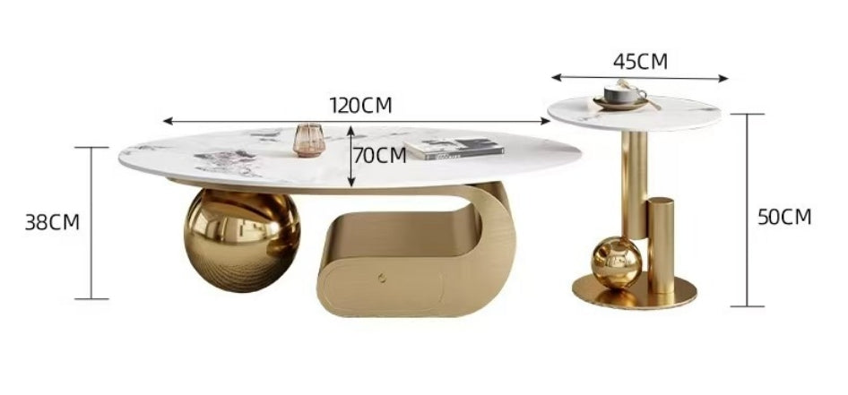 Luxury Ceramic Coffee Table Set – Shiny Titanium Gold Stainless Steel Base (Without Drawer)
