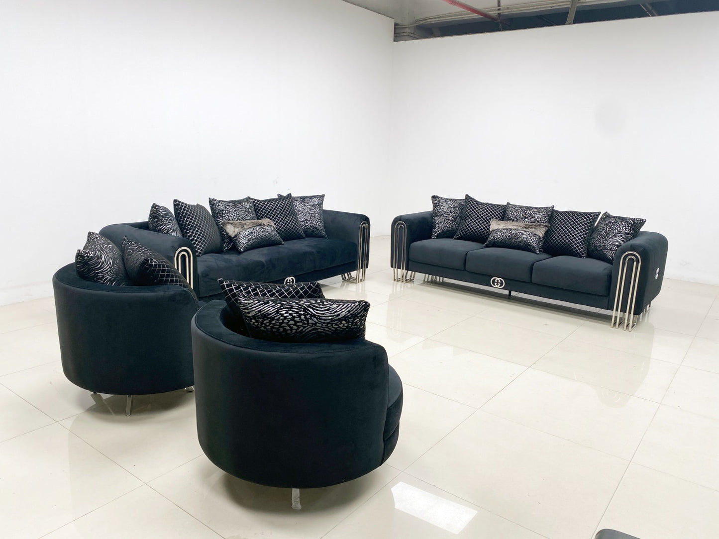 Royal Eclipse Sofa Set Black with Silver Legs and Armchair Luxury Seating