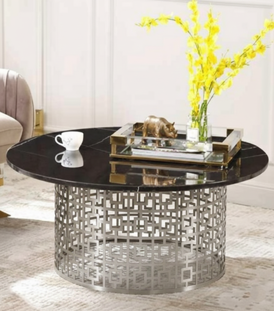 Nixon Pedestal Cocktail Table – Marble Top with Stainless Steel Base (Gold / Silver)