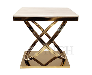 Luxury Marble Side Table – Shiny Titanium Gold Stainless Steel Base (50 × 50 × 55 cm)