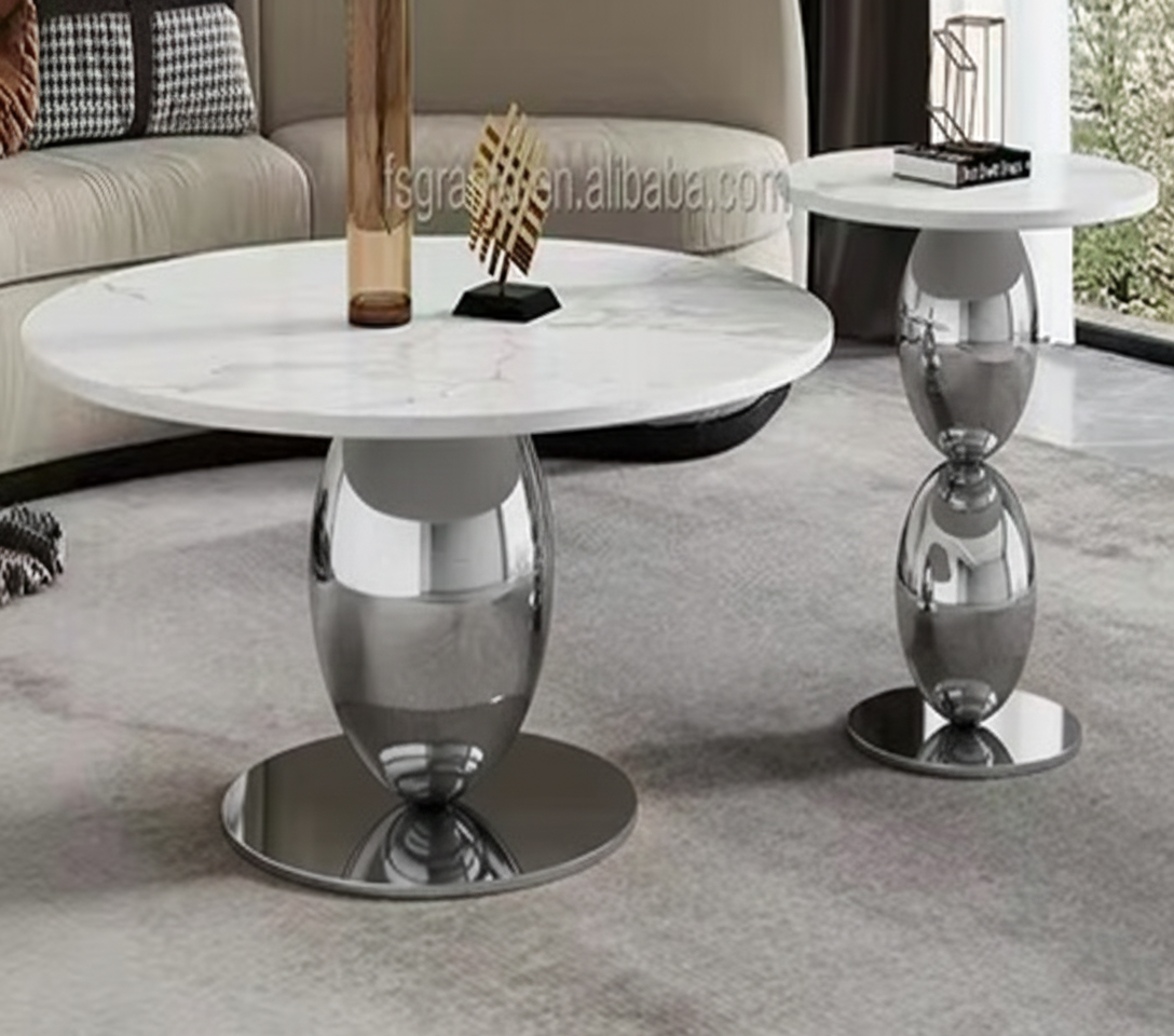 Livia Marble Coffee Table Set – Round Ceramic Top with Stainless Steel Frame (Gold / Silver)