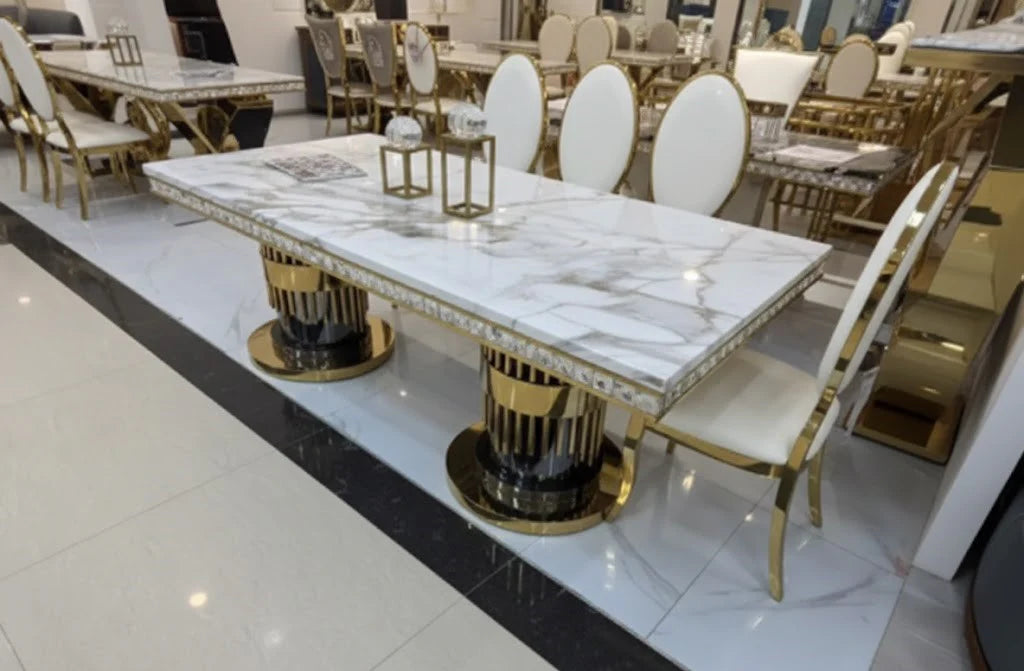 Double Ring Gold Dining Table – Marble Top with Titanium Gold Stainless Steel Base (220 × 100 × 75 cm)