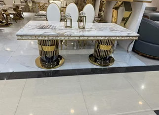 Double Ring Gold Dining Table – Marble Top with Titanium Gold Stainless Steel Base (220 × 100 × 75 cm)
