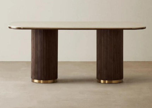 San Pierre Gold Dining Table – Marble Top with Titanium Gold Stainless Steel & Wood Base (220 × 100 × 75 cm)