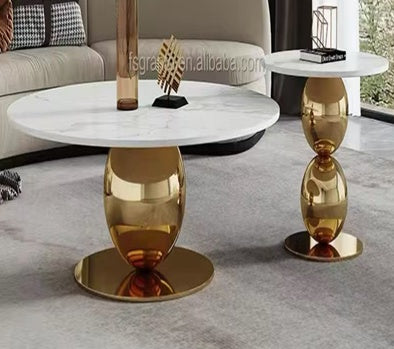 Livia Marble Coffee Table Set – Round Ceramic Top with Stainless Steel Frame (Gold / Silver)