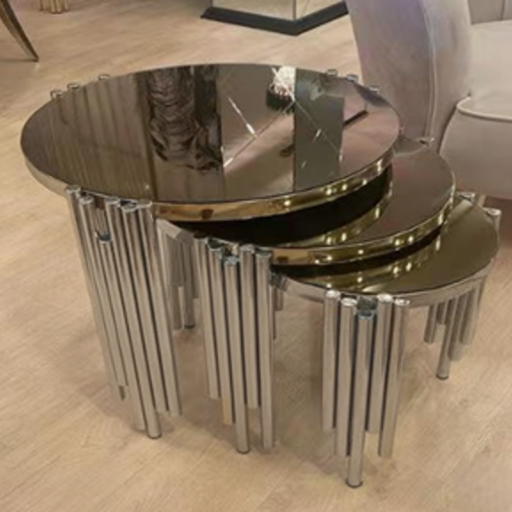 Luxury Round Nesting Side Table Set – Black Glass Top with Stainless Steel Frame (Shiny Gold / Shiny Silver)