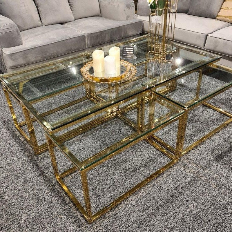 Opal Nest Coffee Table Set (1+4) – Shiny Gold Stainless Steel & Clear Glass