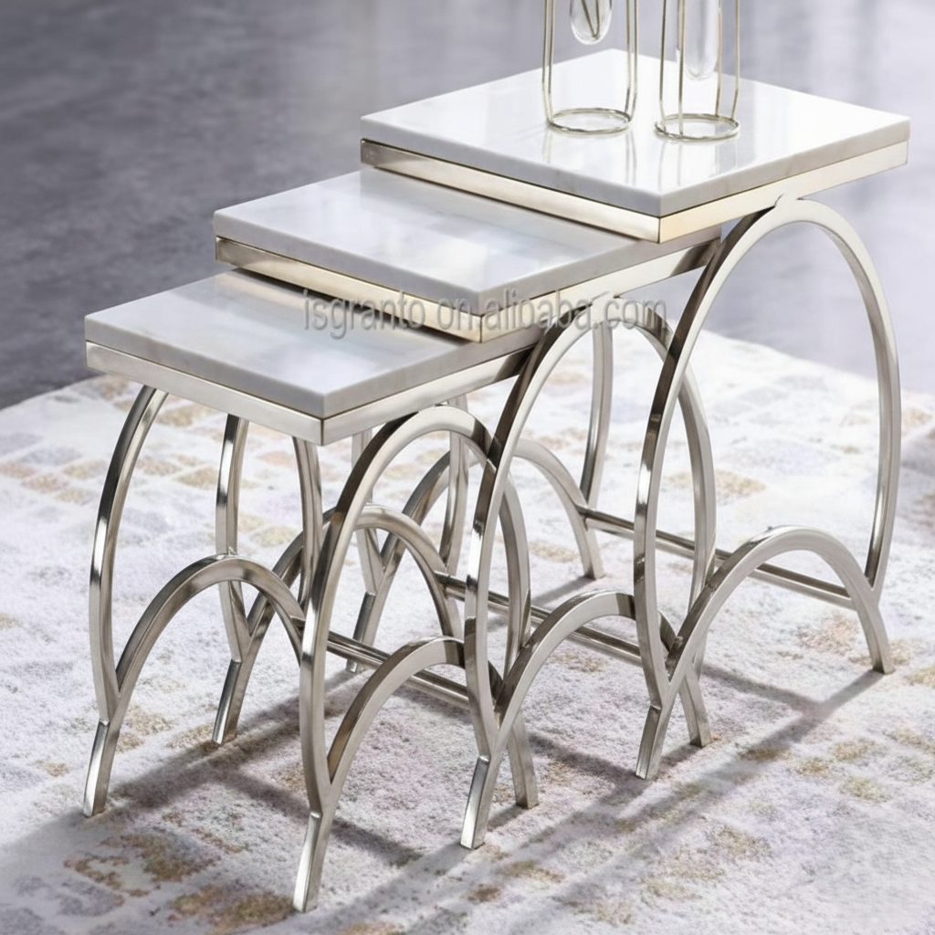 Luxury Nesting Side Table Set – Marble Top with Stainless Steel Frame (Shiny Gold / Shiny Silver)