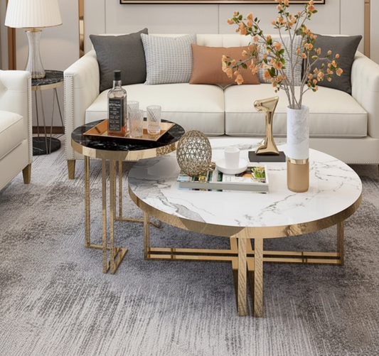 Milan Marble Coffee Table Set – Ceramic Top with Stainless Steel Frame (Gold / Silver)
