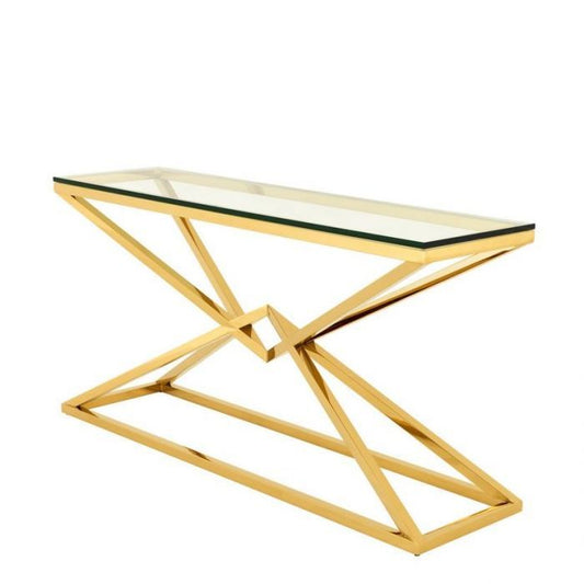 Connor Console Table – Shiny Titanium Gold Finish with Clear Glass Top (120 × 40 × 80 cm)