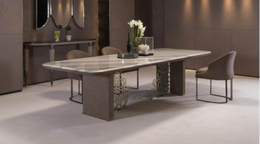 Excelsior Dining Table by Longhi – Marble Top with Titanium Gold Stainless Steel & Fabric Details (220 × 100 × 75 cm)