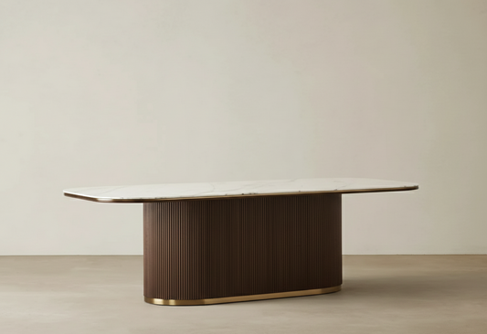 San Pierre Dining Table – Marble & Wood Top with Titanium Gold Stainless Steel Base (220 × 100 × 75 cm)