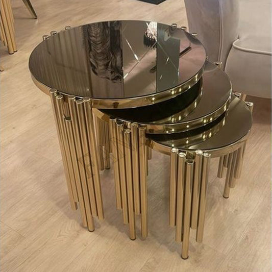 Luxury Round Nesting Side Table Set – Black Glass Top with Stainless Steel Frame (Shiny Gold / Shiny Silver)