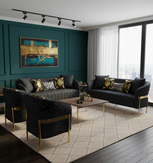 Majestic Azure Sofa Set Black with Armchair Contemporary Luxury Seating