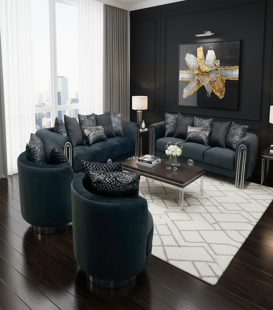 Royal Eclipse Sofa Set Black with Silver Legs and Armchair Luxury Seating
