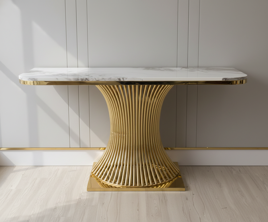 Glam Abstract Curved Console Table in Gold Stainless Steel and Marble, 140×40 cm – Modern Luxury Accent