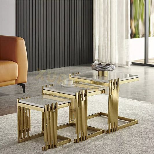 Luxury Nesting Side Table Set – Marble Top with Shiny Titanium Gold Stainless Steel Frame