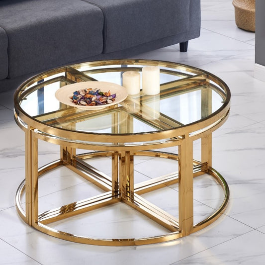 Round Nesting Table Set (1+4) – Shiny Gold Stainless Steel & Clear Glass