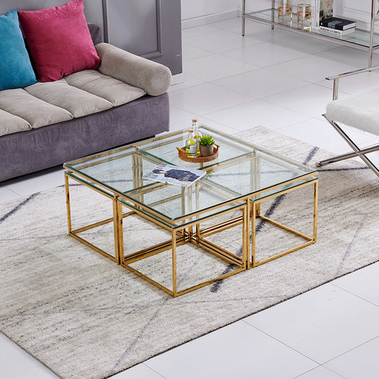 Sequre Nesting Table Set (1+4) – Shiny Gold Stainless Steel & Clear Glass