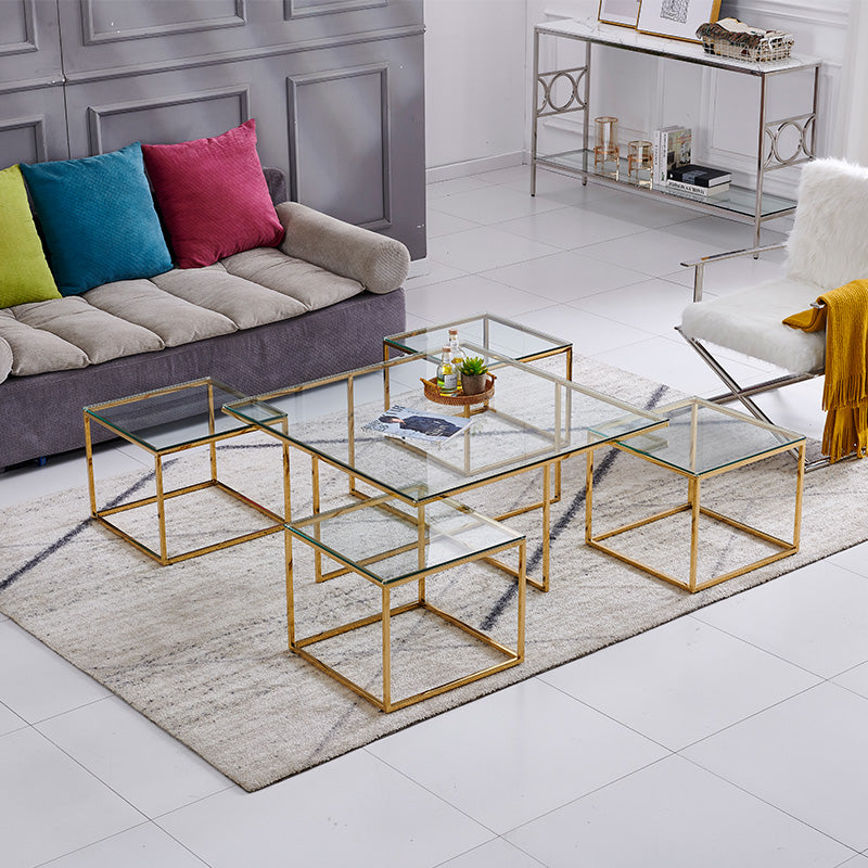 Sequre Nesting Table Set (1+4) – Shiny Gold Stainless Steel & Clear Glass