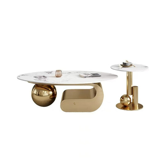 Luxury Ceramic Coffee Table Set – Shiny Titanium Gold Stainless Steel Base (Without Drawer)