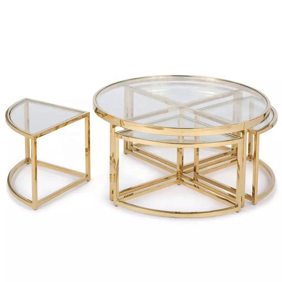 Round Nesting Table Set (1+4) – Shiny Gold Stainless Steel & Clear Glass