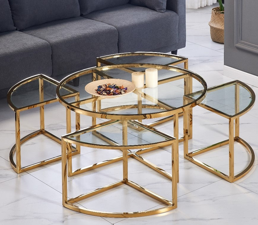 Round Nesting Table Set (1+4) – Shiny Gold Stainless Steel & Clear Glass