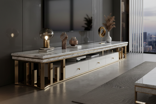 Gold Marble TV Unit in Stainless Steel, 200×40×45 cm – Modern Luxury Design