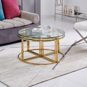 Round Nesting Table Set (1+4) – Shiny Gold Stainless Steel & Clear Glass