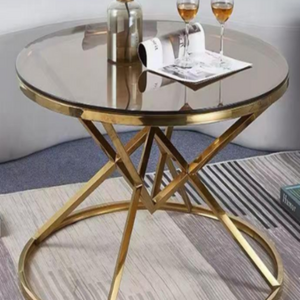 Diamond Loop Round Table  – Shiny Gold Stainless Steel & Clear Glass