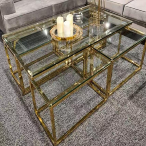 Opal Nest Coffee Table Set (1+4) – Shiny Gold Stainless Steel & Clear Glass