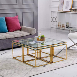 Sequre Nesting Table Set (1+4) – Shiny Gold Stainless Steel & Clear Glass