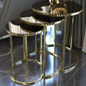 Aurora Trio Black Glass Nesting Table Set – Shiny Gold Finish