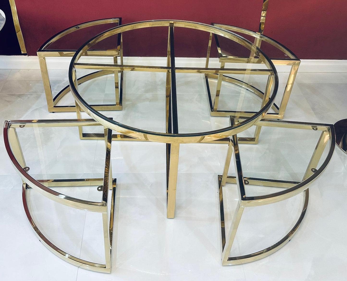 Round Nesting Table Set (1+4) – Shiny Gold Stainless Steel & Clear Glass