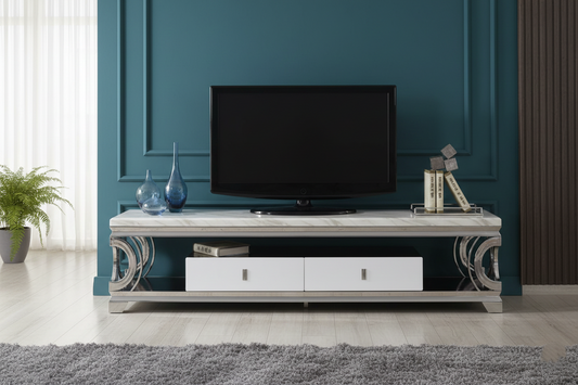 Elegant Gold TV Unit in Stainless Steel and Marble, 200×40×45 cm