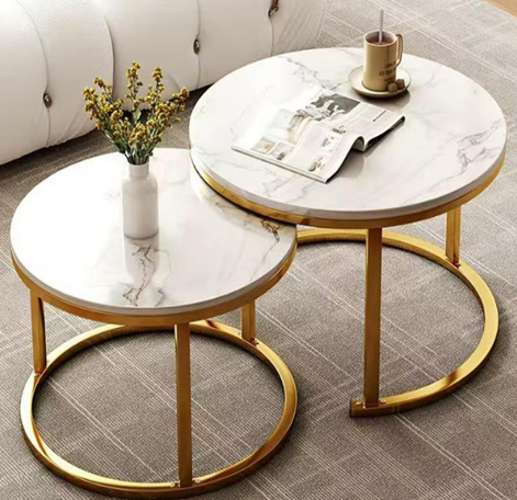 Luxury Round Nesting Coffee Table Set – Marble Top with Stainless Steel Frame (Shiny Gold / Shiny Silver)