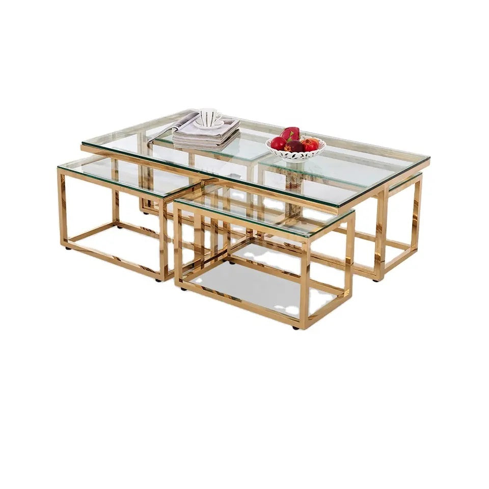 Opal Nest Coffee Table Set (1+4) – Shiny Gold Stainless Steel & Clear Glass