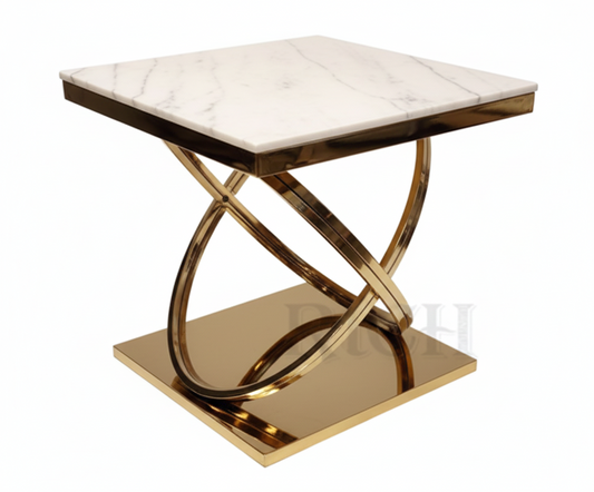 Luxury Marble Side Table – Shiny Titanium Gold Stainless Steel Base (50 × 50 × 55 cm)